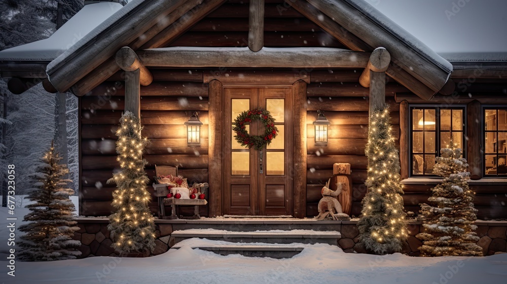 a log cabin decorated for christmas with a wreath on the front door and a wreath on the front of the cabin. a log cabin decorated for christmas with a wreath on the front door and a wreath on the front of the cabin.