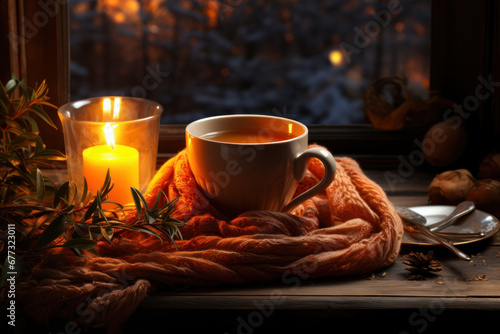 A cup of tea, books, a candle and a knitted scarf on the window background, generative Ai