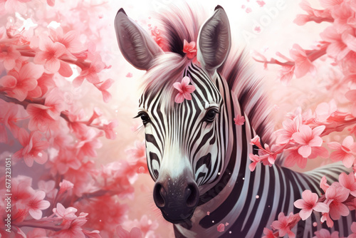 Illustration of cute zebra in flower blossom  Generative Ai