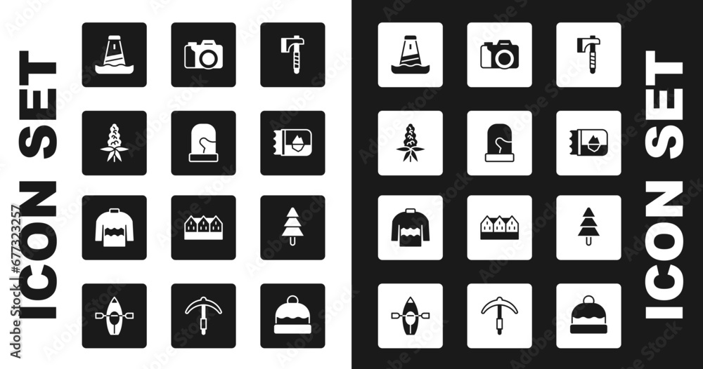 Set Wooden axe, Christmas mittens, Lupine flower, Lighthouse, Ticket Iceland, Photo camera, Tree and Sweater icon. Vector Set Wooden axe, Christmas mittens, Lupine flower, Lighthouse, Ticket Iceland, Photo camera, Tree and Sweater icon. Vector