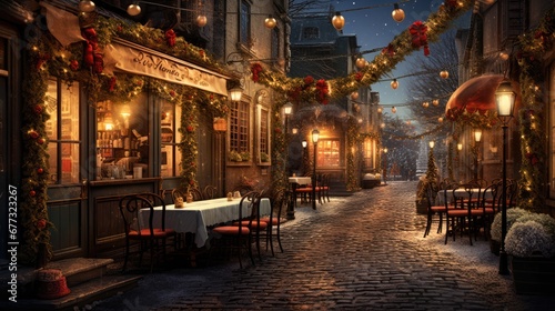  a cobblestone street lined with tables and chairs covered in christmas lights and garlanded with red and white lights.