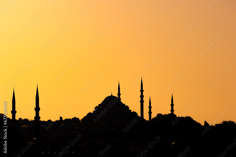 Silhouette of Istanbul background photo. Suleymaniye Mosque at sunset