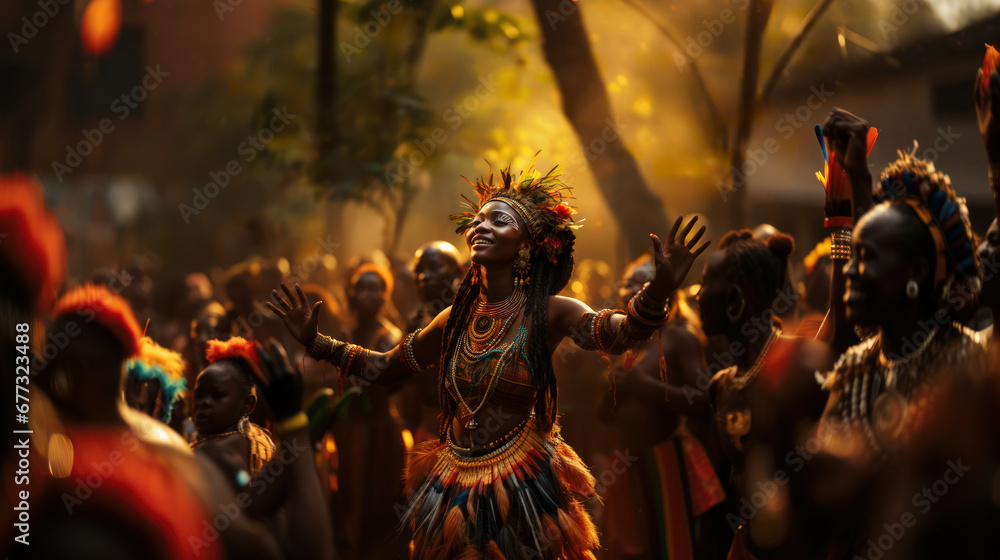 Women of an indigenous tribe dancing and making gestures of praise - obrazy, fototapety, plakaty 