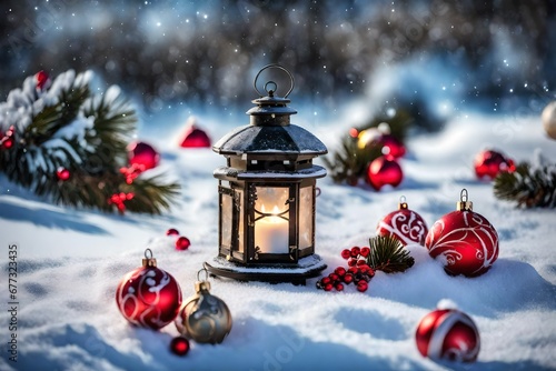 Magical Lantern On Snow With Christmas Decoration