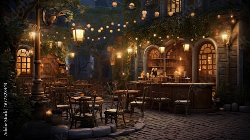  a restaurant with a lot of tables and chairs in the middle of a courtyard with lanterns hanging from the ceiling. photo
