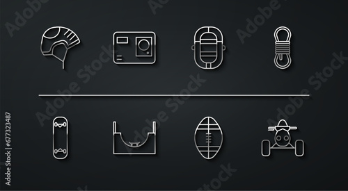 Set line Helmet, Skateboard trick, Climber rope, Rugby ball, park, Action extreme camera, ATV motorcycle and Rafting boat icon. Vector