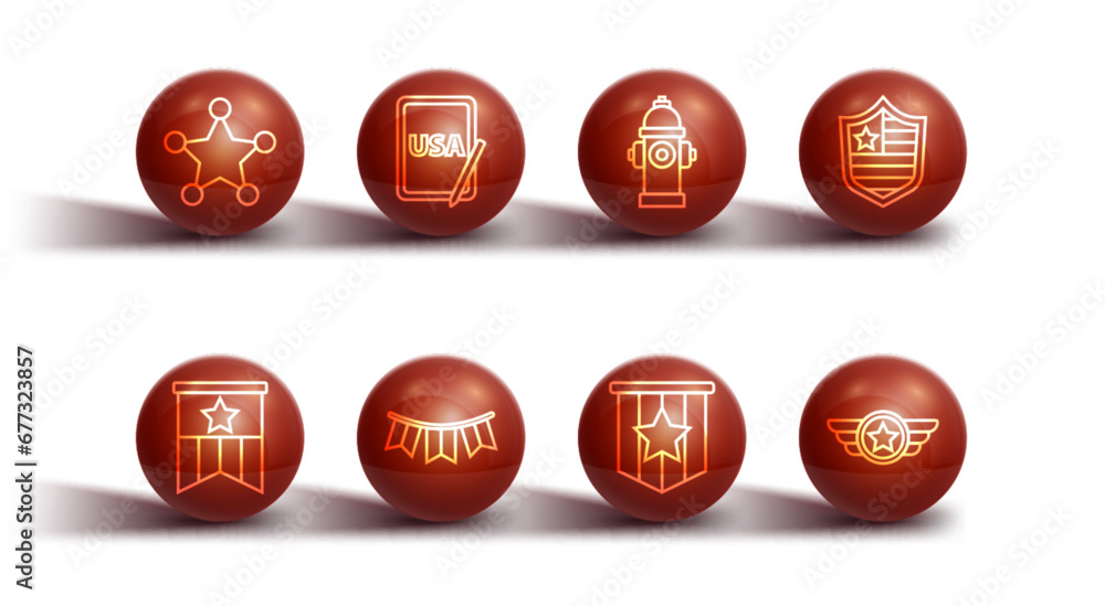 Set line Hexagram sheriff, American flag, Shield with stars, Carnival garland flags, USA on graphic tablet, Star military and Fire hydrant icon. Vector Set line Hexagram sheriff, American flag, Shield with stars, Carnival garland flags, USA on graphic tablet, Star military and Fire hydrant icon. Vector