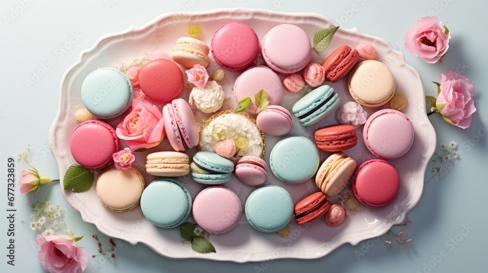 a white plate topped with lots of different colored macaroons next to a pink flower on top of a table. a white plate topped with lots of different colored macaroons next to a pink flower on top of a table.