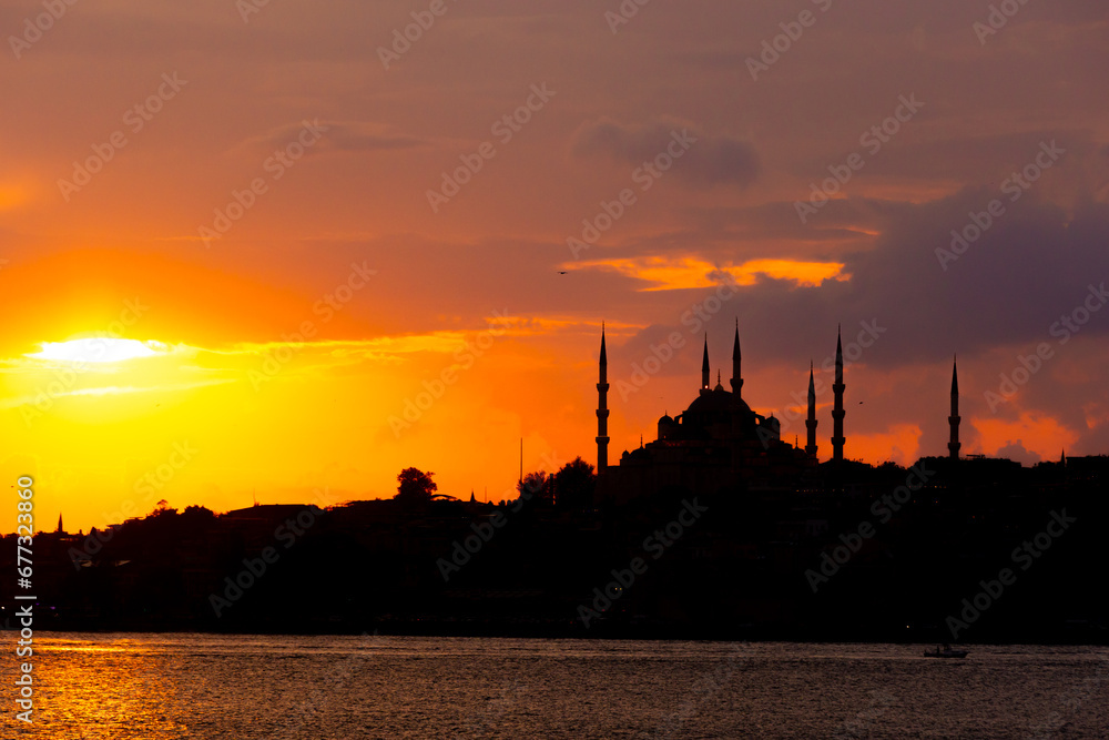 Istanbul photo. Silhouette of Sultanahmet or Sultan Ahmed or Blue Mosque