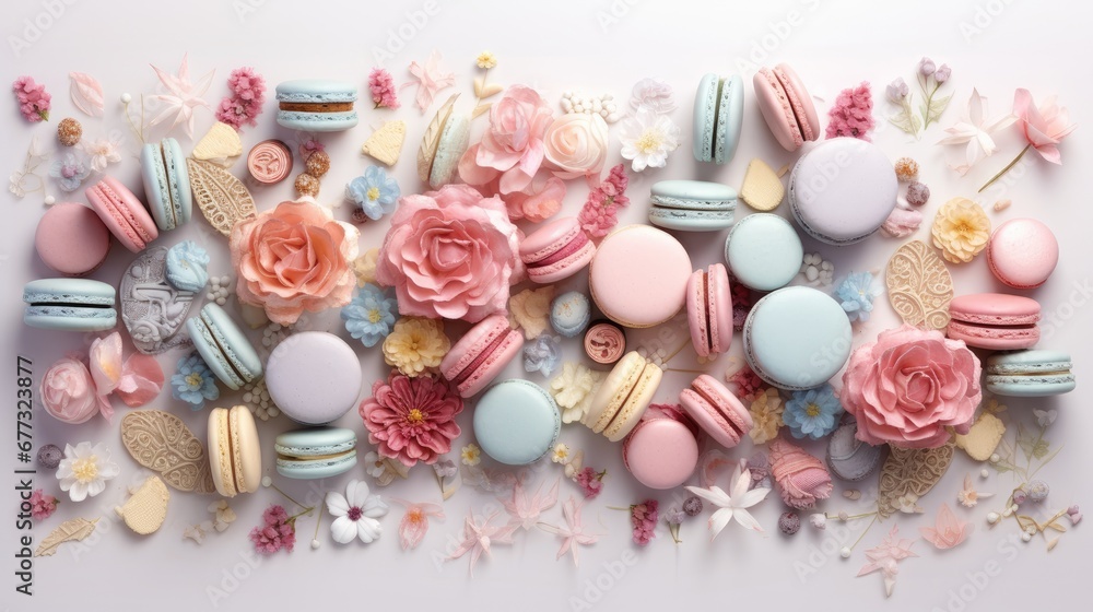 macaroons, macaroons, and flowers are arranged in a pattern on a white surface with pastel colors. macaroons, macaroons, and flowers are arranged in a pattern on a white surface with pastel colors.