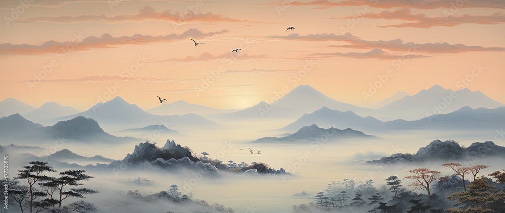 Tranquil Mountain Range with Mist and Birds at Sunrise