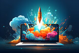 Digital illustration of a rocket emerging from a laptop screen with a blue background,