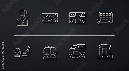 Set line British soldier, Golf club with ball on tee, Double decker bus, Fish and chips, crown, Pound sterling money, Stonehenge and Flag of Great Britain icon. Vector