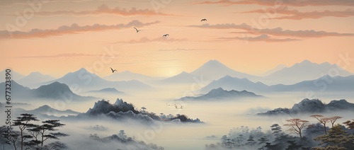 Tranquil Mountain Range with Mist and Birds at Sunrise