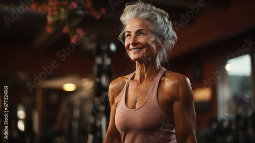 muscular elderly woman, training in the gym, healthy lifestyle