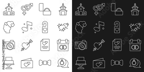 Set line Diamond engagement ring, Calendar, Two Linked Hearts, Music note, Head with heart, Church building and Please do disturb icon. Vector