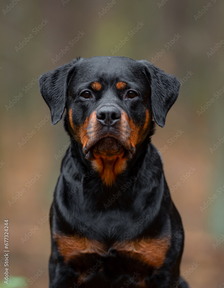 Beautiful black and tan rottweiler portrait, outdoor, autumn blurred background in forest