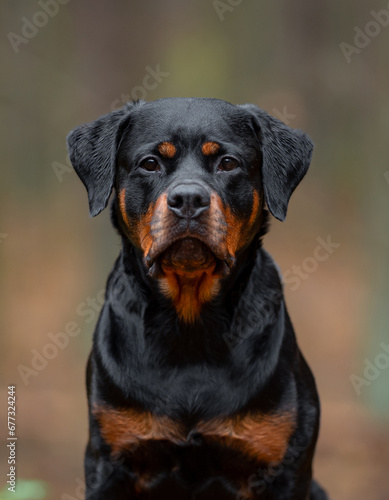 Beautiful black and tan rottweiler portrait  outdoor  autumn blurred background in forest