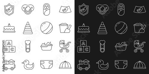 Set line Baby hat  stroller  Sand in bucket with shovel  Newborn baby infant swaddled  Pyramid toy  Cake burning candles  on shield and Beach ball icon. Vector