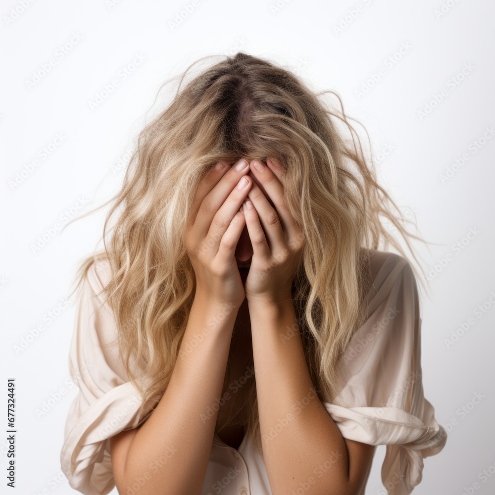 A female, overwhelmed and tense, looks down with her face concealed. A female, overwhelmed and tense, looks down with her face concealed.