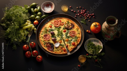  a pizza sitting on top of a pan on top of a table next to a bowl of fruit and vegetables.