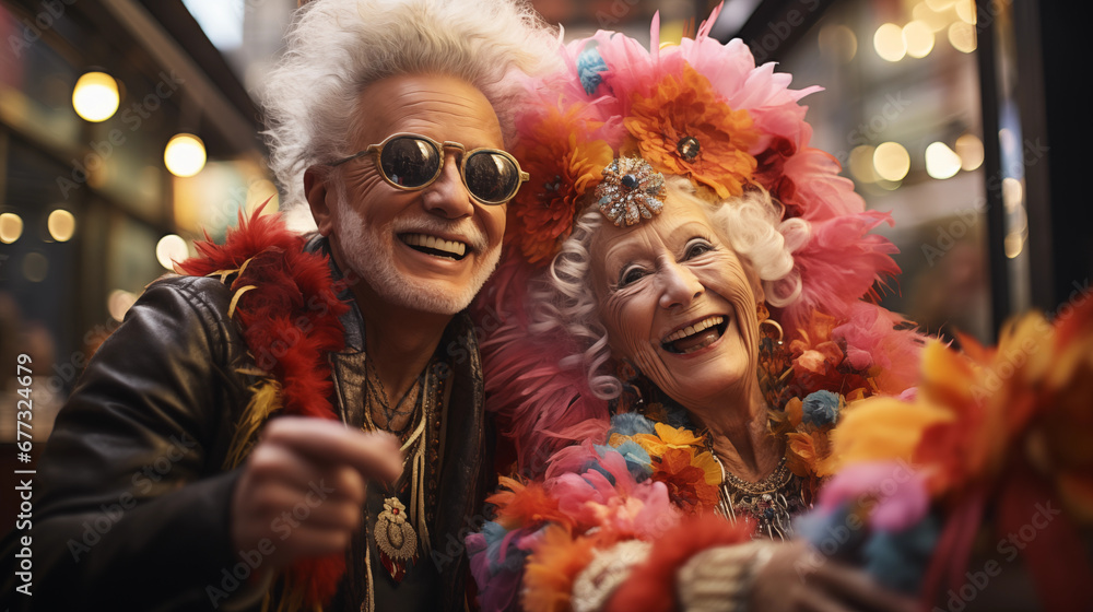 elderly couple dressed up at carnival, typical carnival masks - obrazy, fototapety, plakaty 