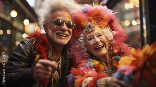 elderly couple dressed up at carnival, typical carnival masks photo