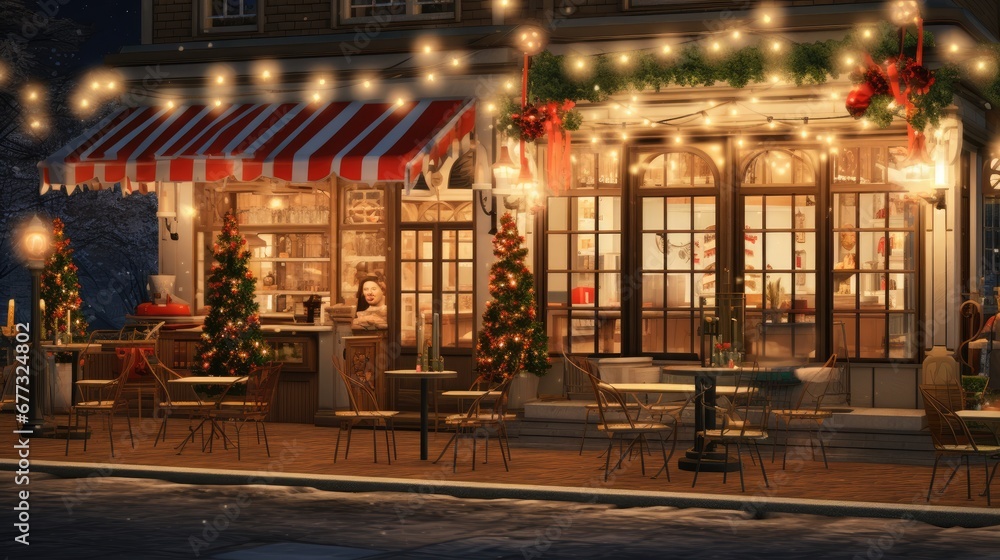  a night time scene of a restaurant with christmas lights on the windows and tables and chairs in front of it.