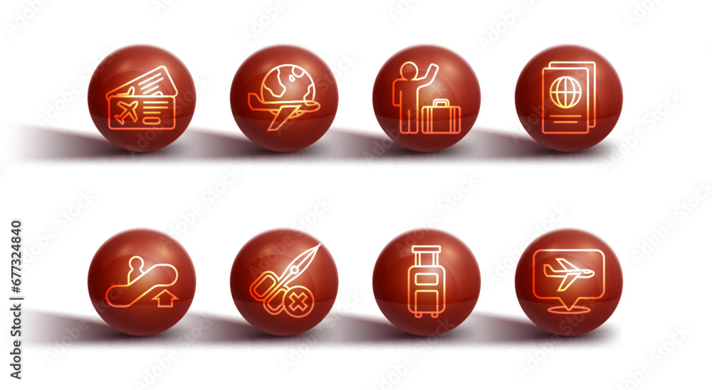 Set line Airline ticket, Escalator up, Passport, Suitcase, No scissors, Globe with flying plane, Plane and Tourist suitcase icon. Vector Set line Airline ticket, Escalator up, Passport, Suitcase, No scissors, Globe with flying plane, Plane and Tourist suitcase icon. Vector