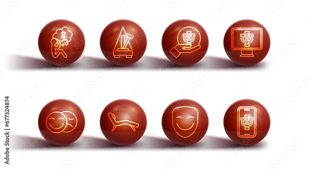 Set line Man graves funeral sorrow, Comedy and tragedy masks, Psychologist online, theatrical, Armchair, Metronome with pendulum, and Psychology, Psi icon. Vector Set line Man graves funeral sorrow, Comedy and tragedy masks, Psychologist online, theatrical, Armchair, Metronome with pendulum, and Psychology, Psi icon. Vector