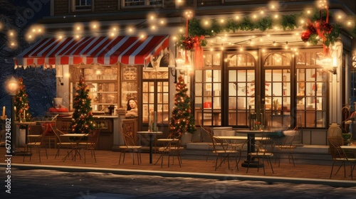  a night time scene of a restaurant with christmas lights on the windows and tables and chairs in front of it.