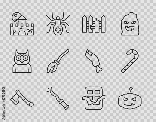 Set line Wooden axe, Pumpkin, Garden fence wooden, Magic wand, Castle, fortress, Witches broom, Chocolate bar and Christmas candy cane icon. Vector