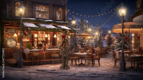  a night time scene of a restaurant with christmas decorations on the outside of the building and lights on the outside of the building. © Anna