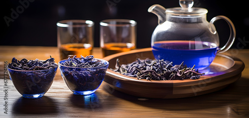 teapot with blue lotus tea photo