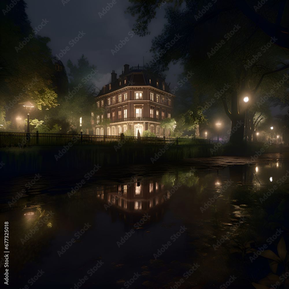 Night view of old house in the park with reflection in the water