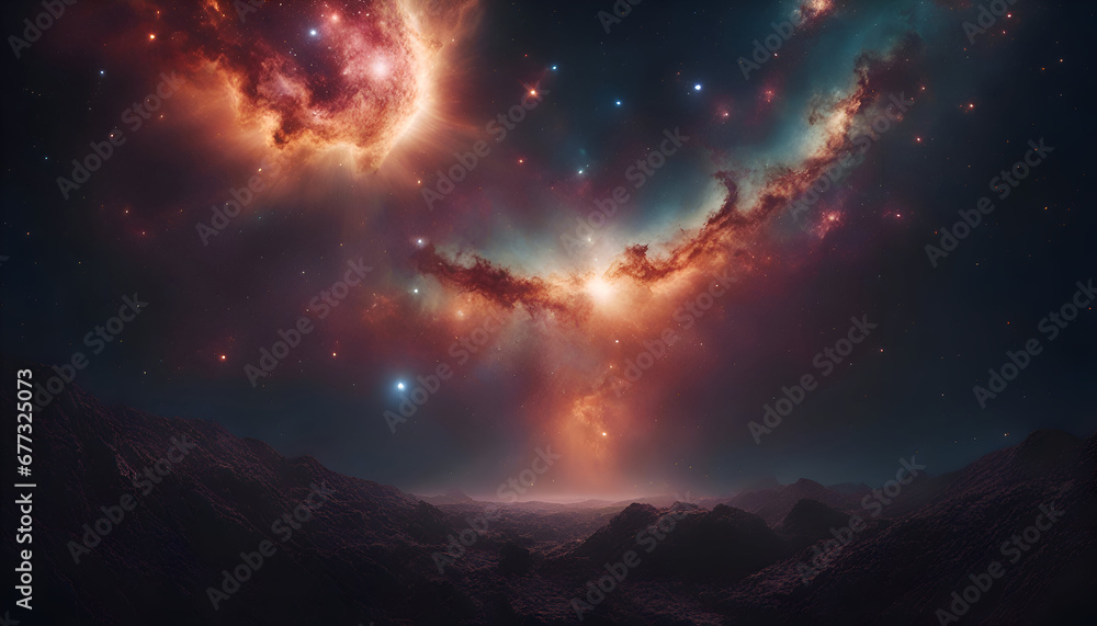 Cosmic landscape with nebula and stars. 3d rendering.