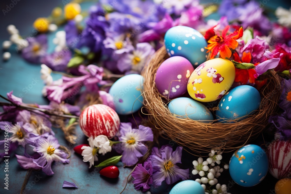 Vibrant Easter Blooms and Egg basckground. Vibrant Easter Blooms and Egg basckground.