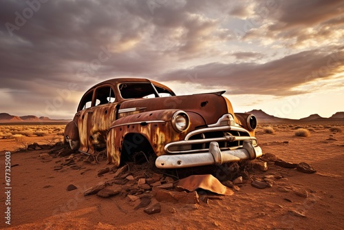 An abandoned vintage car half-buried in the desert, succumbing to rust and time photo
