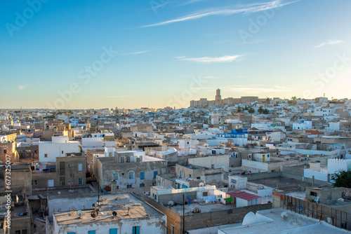 Fototapeta Naklejka Na Ścianę i Meble -  Aerial view on Old town Medina and Souk, local market in Sousse, Tunisia. 