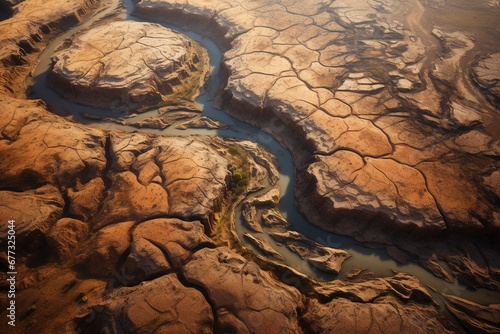 An aerial view of a dry riverbed snaking through a craggy desert terrain