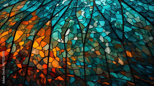 Colorful abstract teal and orange background. Stained glass window texture