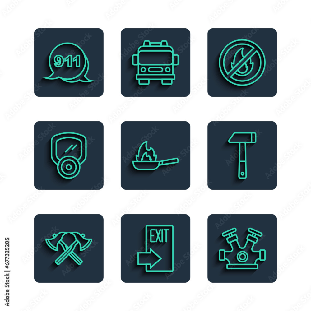 Set line Firefighter axe, exit, hydrant, No fire, Pan with, Gas mask, Emergency call 911 and Hammer icon. Vector Set line Firefighter axe, exit, hydrant, No fire, Pan with, Gas mask, Emergency call 911 and Hammer icon. Vector