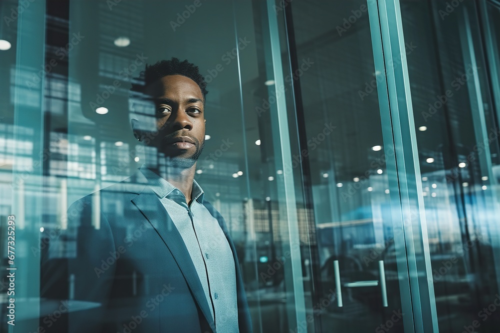Fototapeta premium Homme noir en costume, sérieux, derrière les vitres d'un immeuble. Black man in a suit, serious, behind the windows of a building.