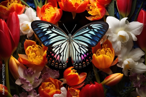 A butterfly emerging from its cocoon against vibrant flowers photo