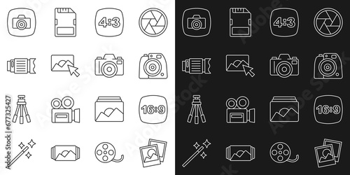 Set line Photo frame, 16, camera, 4, retouching, Camera photo lens, and icon. Vector