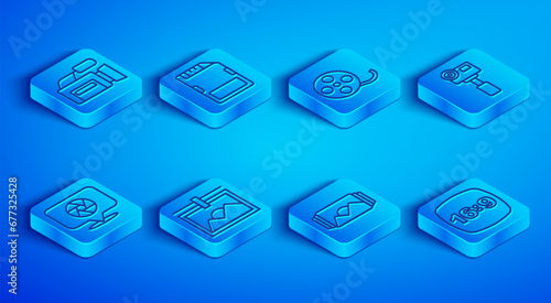 Set line Cinema camera, SD card, Film reel, Photo frame, Action extreme, Camera shutter and 16 icon. Vector