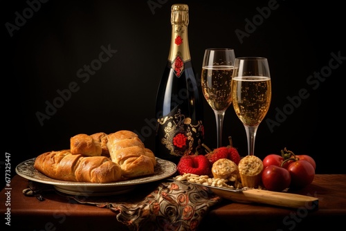 A bottle of Cava with traditional Catalan snacks