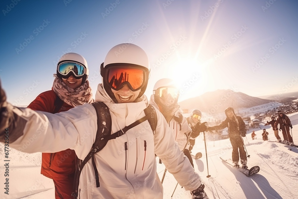 A group of happy smiling friends with ski googles looked at camera in the Ski resort. Beautiful winter sunny day - obrazy, fototapety, plakaty 