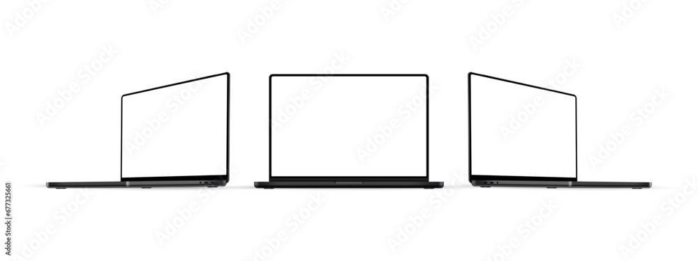 Modern Black Laptop Computers Mockups, Front And Side View, Isolated On White Background. Vector Illustration - obrazy, fototapety, plakaty 