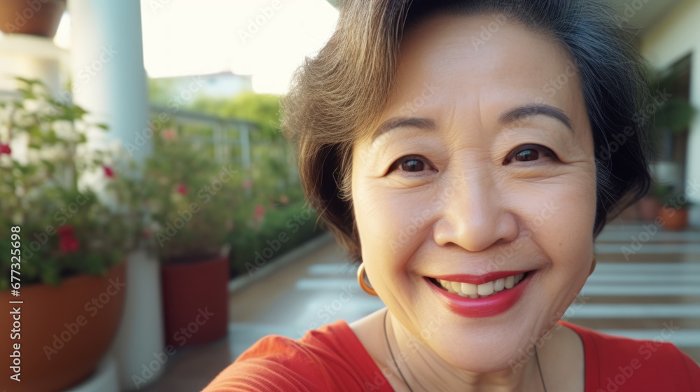 Closeup selfie portrait of happy smiling senior asian woman outdoors Closeup selfie portrait of happy smiling senior asian woman outdoors